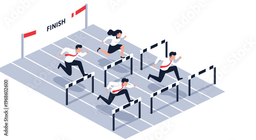 Business competition concept showing a group of professionals running a hurdle race on a track towards a finish line.