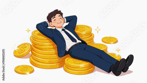 Man resting on pile of gold coins