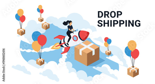 Creative isometric illustration of the drop shipping business model with a woman riding a rocket among clouds and floating packages.