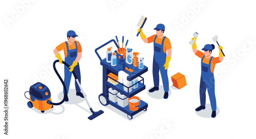 Professional cleaning team with uniforms and specialized equipment including a vacuum cleaner and a service trolley with supplies.