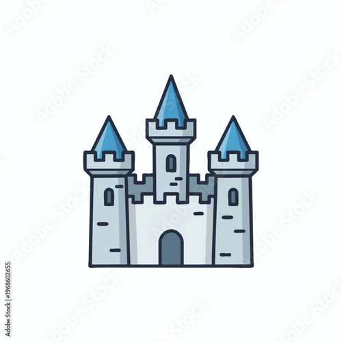 A cartoon castle with three blue-pointed towers, gray walls, and a central entrance