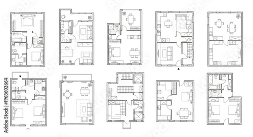 Collection of Detailed Architectural Floor Plans for Residential Buildings.