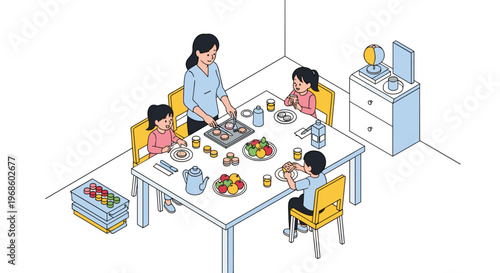 Happy family of four enjoying a healthy breakfast together at a large white table filled with fruits, juice, and fresh food.