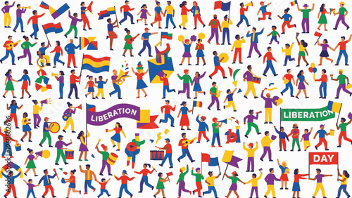 Parade of People Celebrating Liberation Day in Vector Illustration