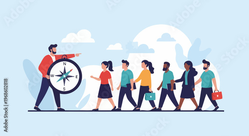 Conceptual depiction of a determined leader holding a navigational compass pointing the way forward for a diverse group of people following confidently in a steady formation towards a brighter