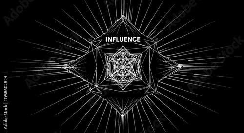 Intricate geometric energy pattern emanating outward with the word influence displayed prominently at the core suggesting connection and widespread impact in digital art design and abstract