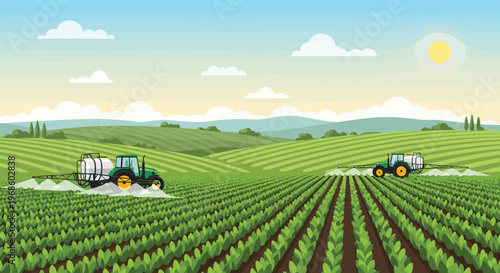 Agricultural machinery including two green tractors spraying liquid fertilizer or pesticides across vast green crop fields at sunset.