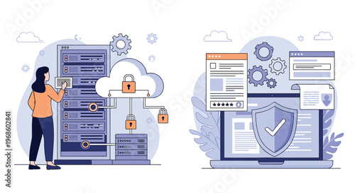 Information security concepts featuring a woman managing server racks and a laptop protected by a shield and digital lock symbols.