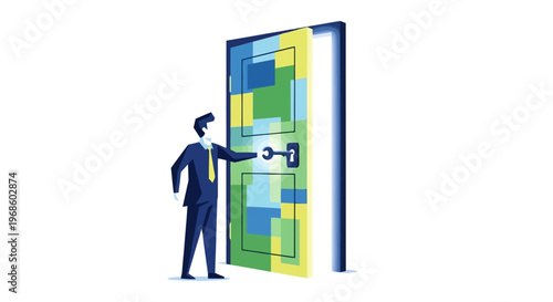 Man in Suit Unlocks Colorful Door Revealing Bright Opportunity and New Horizons with Opening Concept and Decision Making for Future Possibilities and Career Advancement Journey Entrance