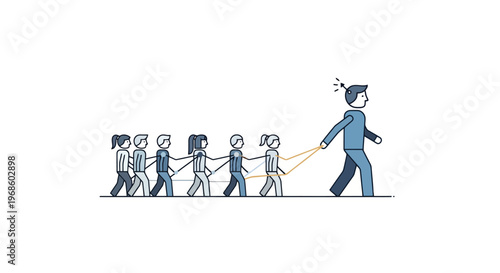 A determined adult figure leads a group of diverse people in a unified march forward demonstrating collaborative progression and shared forward movement as they follow one individual guiding the