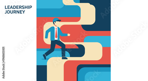 Individual navigating a complex pathway signifying a personal journey towards growth and development depicting a person in motion along a winding abstract design representing career advancement