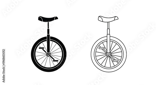 Two unicycle illustrations a detailed and a simplified line drawing