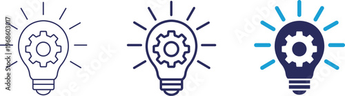 Light bulb combined with gear elements representing creativity, innovation, and continuous improvement. Includes editable stroke, clean outline, and solid style icon collection