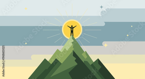 Person stands triumphantly atop a green mountain peak under a radiant sun with arms outstretched celebrating reaching the summit of an arduous journey and achieving ultimate success in a