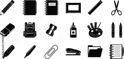 School stationery and office supplies icon set featuring notebook pencil backpack scissors glue palette silhouette collection isolated on white background