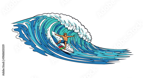Surfer Riding a Big Blue Ocean Wave Illustration