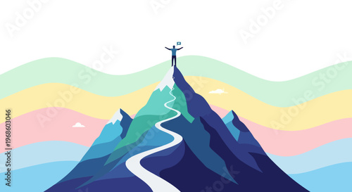 A determined person celebrates atop a rugged mountain peak arms raised in triumph having conquered a winding path that leads to ultimate success and achievement of lofty aspirations against a
