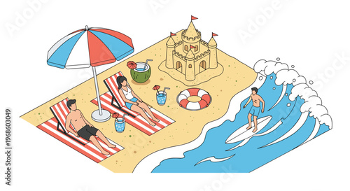Relaxing isometric beach scene with people sunbathing on lounge chairs under an umbrella while a surfer catches a wave.