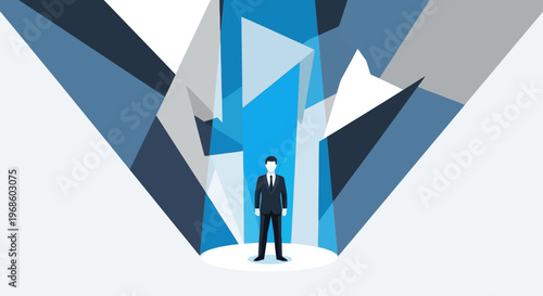 A single person dressed in formal attire stands confidently centered within a bright beam of illumination surrounded by abstract geometric shapes and radiating light patterns conveying concepts