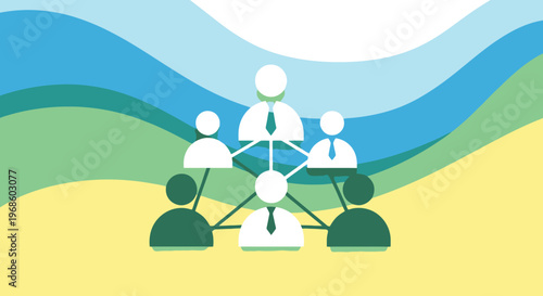 Visual representation of a connected team in a hierarchical structure with a leader at the top and members below facilitating communication and collaboration within a business organization