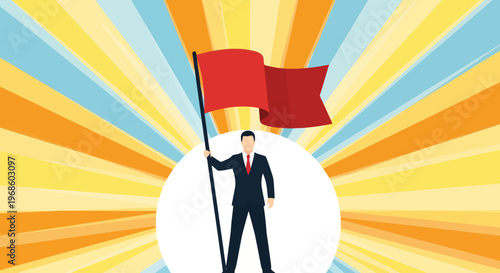 Successful businessman holding a red flag stands proudly against a radiant sunburst inspired pattern symbolizing achievement and triumph in a new venture or business goal with vibrant colors and
