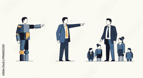 Three distinct figures show contrasting directions and leadership styles from a geometric person and directive executive to a guiding individual with a group of people presenting varied