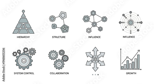 Collection of abstract schematic representations illustrating business concepts like hierarchy organizational structure influence system control collaboration and financial growth presented as
