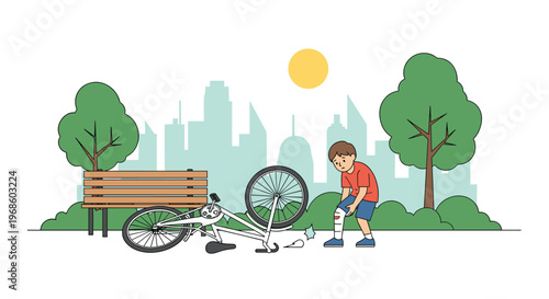Sad child with a bandaged knee stands next to a fallen bicycle in a park, illustrating a minor injury and the importance of safety.