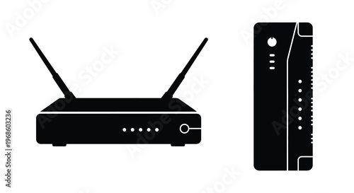 Black and white illustration of a wireless router and network adapter