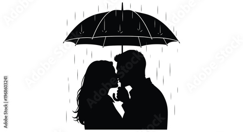 A couple embraces under an umbrella while rain falls around them creating a romantic and intimate silhouette high quality professional detailed
