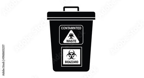 Black trash can with biohazard and contaminated waste warning labels