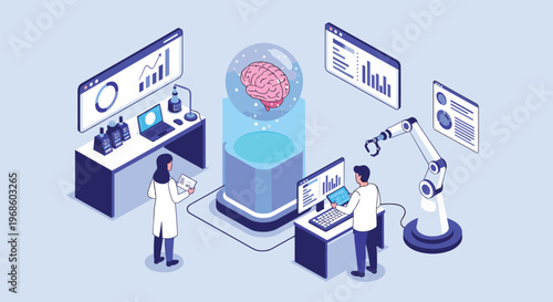 Futuristic laboratory scene where scientists use advanced technology and robotics to study a human brain contained in a special chamber.