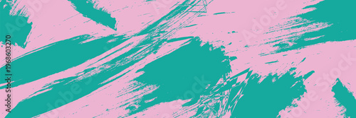 Abstract brush stroke background with teal paint splatters, artistic pink and green textured banner, expressive acrylic paint vector illustration