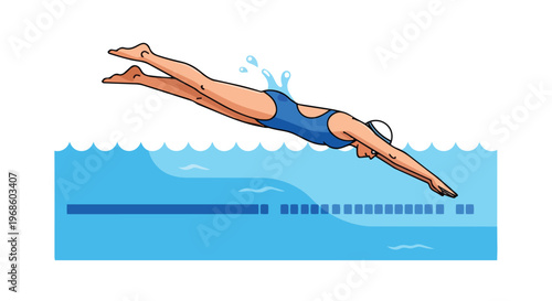 Cartoon illustration of a female swimmer diving into a pool
