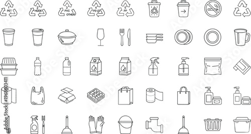 Recycling and waste management line icons set featuring plastic paper disposal cleaning packaging symbols for eco sustainability environment and household sanitation vector design