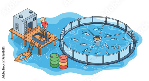 Professional fisherman feeding schools of fish inside a large circular floating net cage at an offshore aquaculture farm.