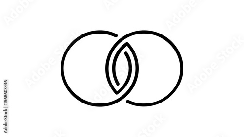 Minimalist vector illustration of two interlocking rings symbolizing marriage, union, and eternal love. Clean flat line art icon design for wedding invitations, partnership, and commitment.