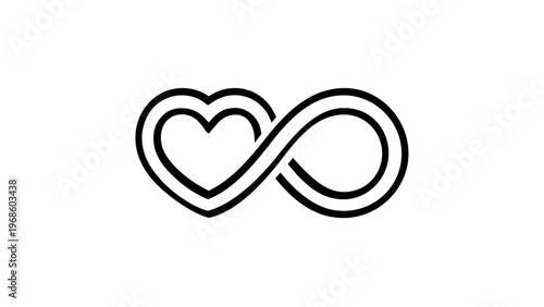Eternal Love and Infinite Relationship Concept: Minimalist Black Line Art Vector Icon Illustration of a Heart Intertwined with an Infinity Symbol, Scalable Flat Design for Wedding or Romance.