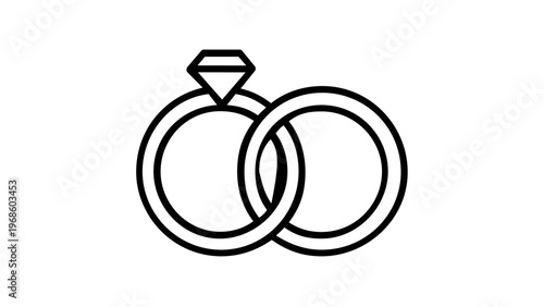Minimalist interlocking wedding rings vector icon illustration featuring an engagement ring with a diamond and a classic wedding band. Symbol of marriage, love, commitment, and eternal union.