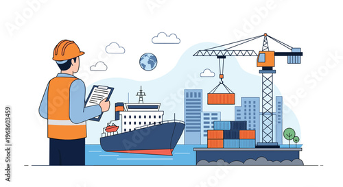 Logistics manager wearing safety gear inspecting a large cargo ship being loaded with containers at a busy industrial port.