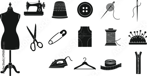 Sewing and tailoring tools icon set featuring mannequin scissors needle thread button zipper silhouette collection isolated on white background