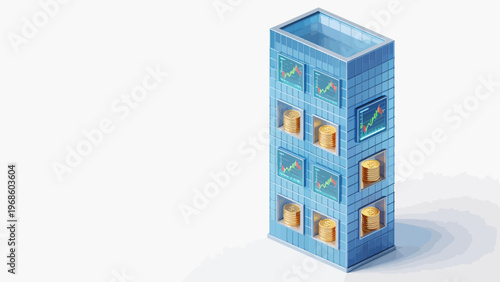Blue building with coins and graphs