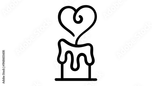 Minimalist vector icon illustration of a melting candle with a heart-shaped flame, symbolizing love, romance, passion, and warmth. Clean black line art on white background, scalable flat design.