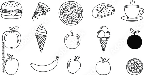 A variety of food and drink items are shown in this illustration