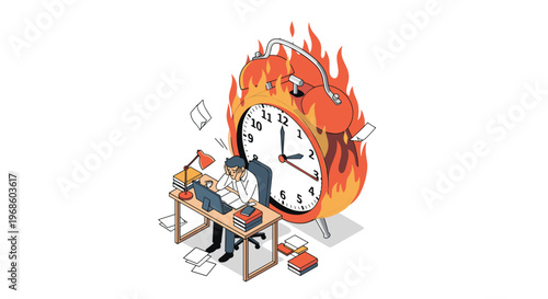 Overwhelmed office worker sitting at a desk and feeling stressed due to a tight deadline represented by a burning alarm clock.