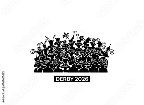 Crowd wearing extravagant hats silhouette. Derby 2026 spectators concept. Vector illustration isolated on transparent background