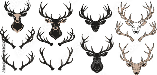 Deer Head and Antlers Collection with Stag Wildlife Illustrations for Hunting Design, Rustic Decor, Outdoor Adventure Branding, and Nature Vector Graphic Set