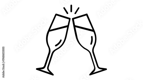 Minimalist vector illustration of two champagne glasses clinking together in a celebratory toast. Flat line art icon for wedding, anniversary, romantic date, or holiday party. AI-generated.