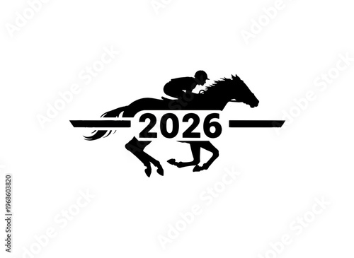 Thoroughbred horse and jockey crossing 2026 finish line. Solid black silhouette in motion. Vector illustration isolated on transparent background