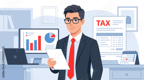 A male professional in a dark suit and glasses smiles confidently, holding a document in an office with clear 'TAX' forms and data charts displayed
